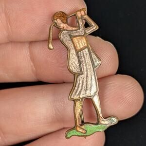 Antique Vintage Art Deco Small Shimmery Enamel Golf Girl Pin Brooch